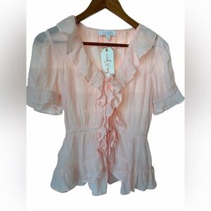 Blush Pink Ruffle Blouse Tie Front Romantic Cottagecore Top